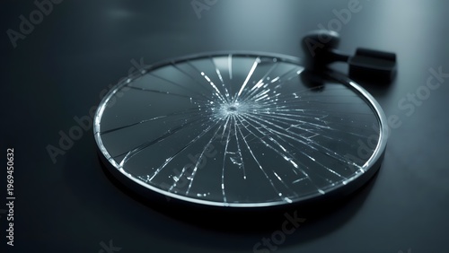 Cracked round mirror among makeup tools.