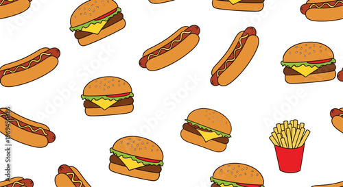 Seamless pattern background featuring various fast food items including hamburgers hot dogs and french fries in a colorful style.