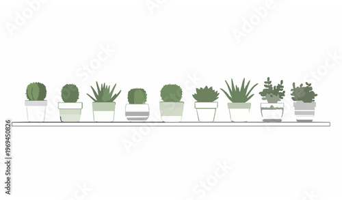Minimal shelf with small plant pots vector illustration in clean line sketch style isolated on white background