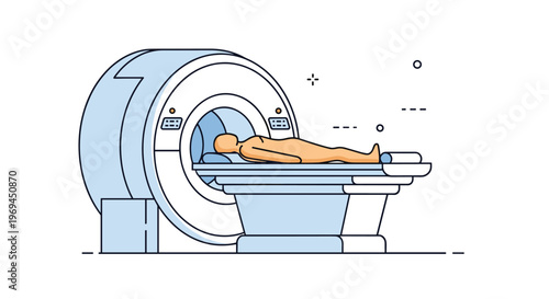 Medical illustration of a patient lying on a table being scanned by a magnetic resonance imaging machine in a clinic.