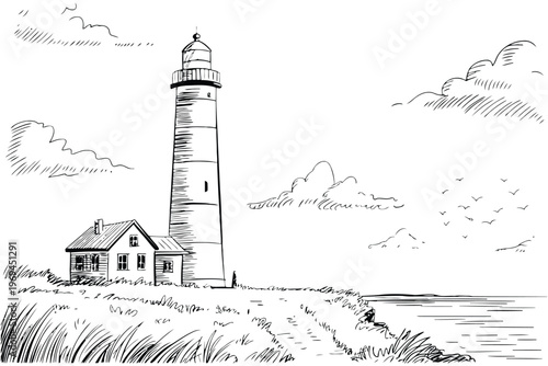 Black and white of a tall lighthouse with a small house nearby on a grassy coast