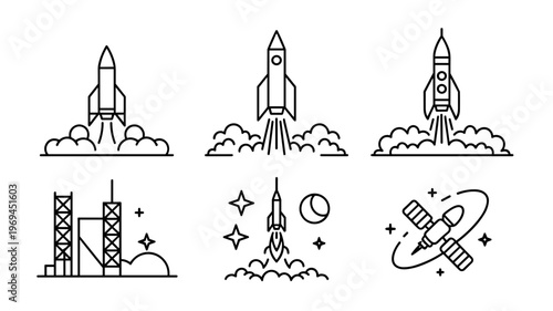 Rocket Launch Line Icon Set Spacecraft, Blast Off, and Startup Growth Symbols