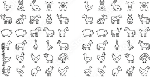 Farm Animal Outline Icon Set Featuring Cow Sheep Goat Pig Chicken Duck Horse and Barnyard Livestock Line Art Collection for Agriculture Design