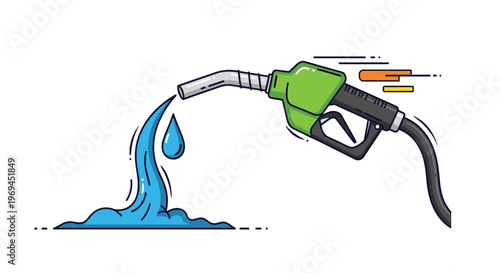 Illustration of a green gas pump nozzle dispensing blue water representing eco-friendly fuel and hydrogen energy concepts.