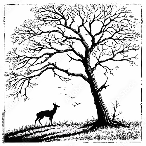 Deer silhouette by a bare tree with silhouette ar