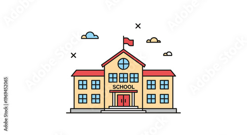 Flat design illustration of a school building with a clock and a flag on top under a cloudy sky for education concepts.