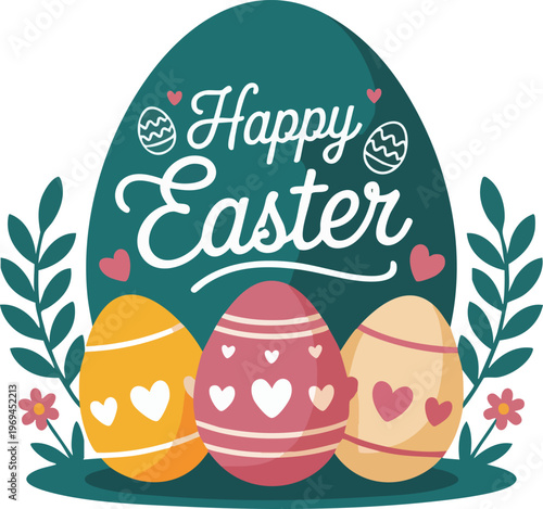Happy Easter Greeting Card Vector Illustration with Decorated Eggs and Floral Elements for Poster, Banner, Tshirt Design