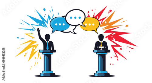 Silhouette of two people engaged in a heated debate at podiums with colorful abstract speech bubbles for politics.