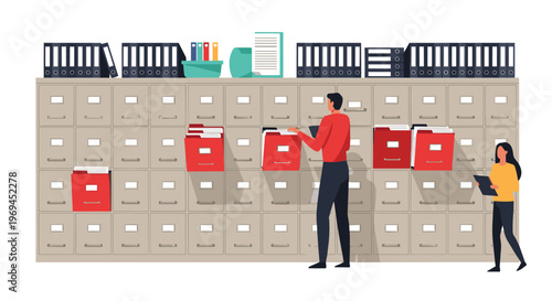 Office employees organizing files and documents in large metal filing cabinets representing archive and storage management.