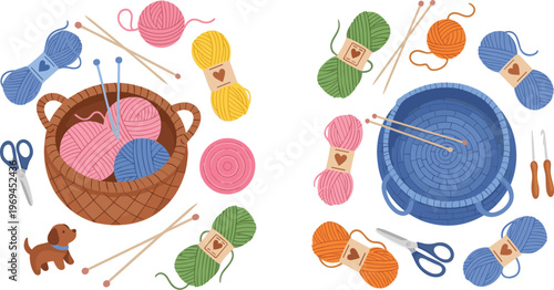 Knitting and Crochet Supplies Set with Yarn Balls Basket Needles Scissors and Craft Tools for Handmade Sewing and DIY Projects