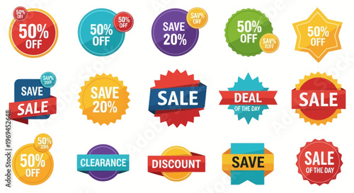 Colorful sale promotion badges and stickers isolated on a white background
