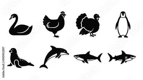 A collection of various animal silhouettes including birds marine mammals and fish displayed in black and white silhouette high quality professional