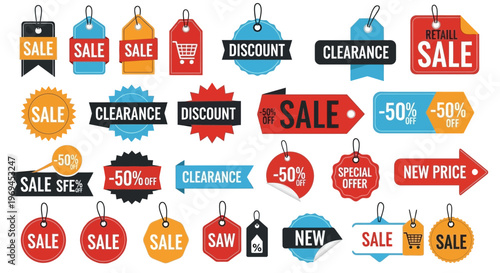 Colorful sale tags and discount labels on white background for retail promotions