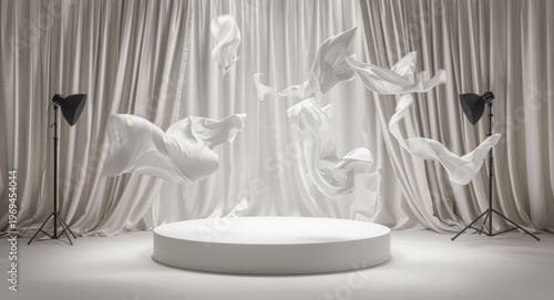 white podium in a studio with flying fabric motion and a glamorous curtain backdrop highlighting cosmetic displays and feminine copy space