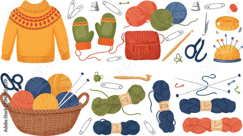 Cozy Knitting and Crochet Elements Set Featuring Sweater Yarn Balls Needles Scissors and Handmade Accessories for Winter Crafting and DIY Projects