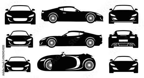 Black Silhouette Sports Cars Collection: Front, Side, Rear Views, Convertible