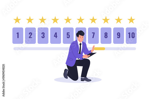 Illustration of Customer Rating Scale and Star Feedback. Man character evaluating service quality using a 1-10 rating scale and five-star system for feedback
