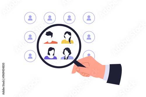 Illustration of Research Sampling and Population Selection. Hand holding a magnifying glass to select specific individuals from a population for research sampling