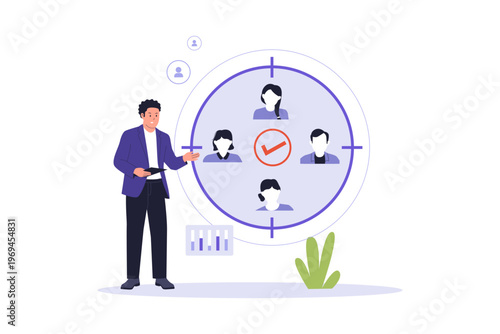 Illustration of Target Audience and Customer Profiling Concept. Man character presenting a target audience board with selected customer profiles for marketing strategy
