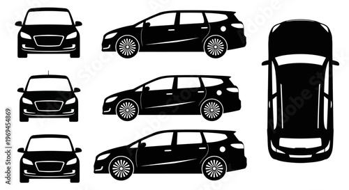 Black Silhouette Station Wagon Car - Front, Side, Top Views