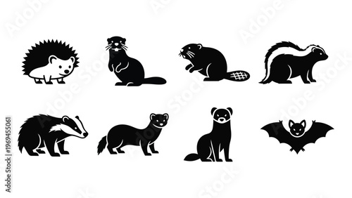 A collection of eight woodland creatures are depicted in a minimalist black and white style silhouette high quality professional detailed modern