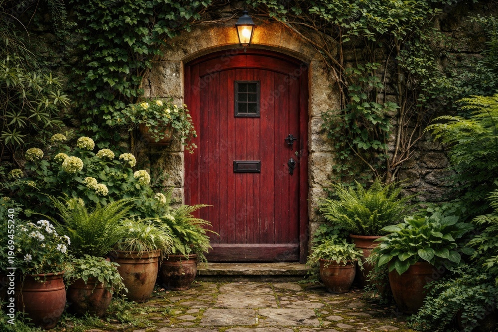 Fototapeta premium Rustic vintage red door surrounded by lush green plants perfect for outdoor architecture inspiration