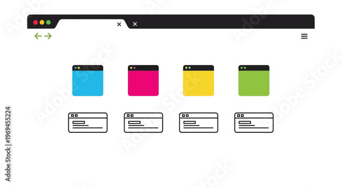 Browser window displaying colorful tab icons and placeholder content