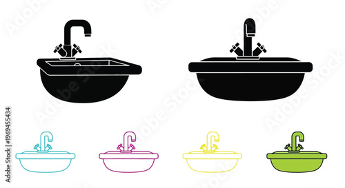 Black and colorful sink icons depicting bathroom fixtures and washbasins