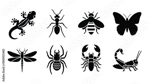 A collection of various insect and reptile silhouettes including a lizard ant bee and dragonfly silhouette high quality professional detailed modern