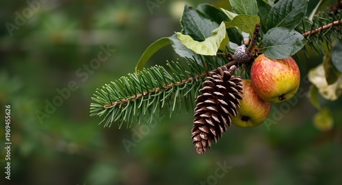 Winter apple branch and pine cone composition with vibrant green forest