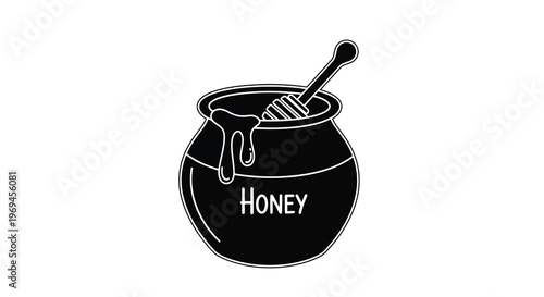 Black and white illustration of a honey pot with dripping honey and dipper
