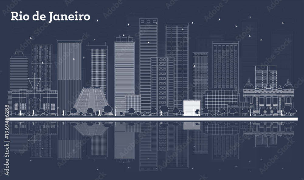 Obraz premium Outline Rio de Janeiro Brazil City Skyline with White Buildings and reflections. Illustration. Business Travel and Turism Concept with Modern Architecture. Rio de Janeiro Cityscape with Landmarks.