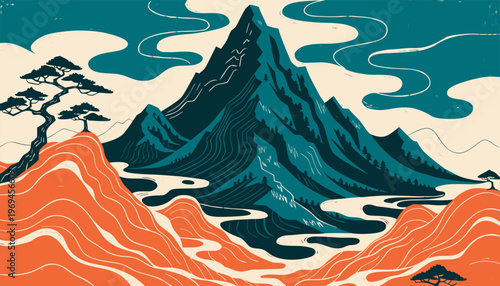 Majestic Mountain Landscape in Japanese Woodblock Style with Stylized Clouds and Pine Trees.eps