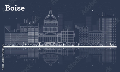 Outline Boise Idaho City Skyline with White Buildings and reflections. Illustration. Business Travel and Concept with Modern Architecture. Boise Cityscape with Landmarks.