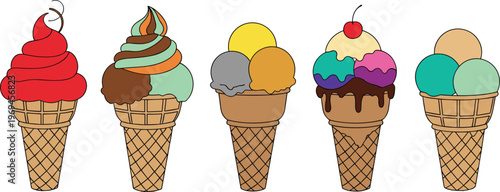 Vector Set of Colorful Ice Cream Cones with Different Flavors, Fun Illustrations for Dessert, Summer, and Food Designs