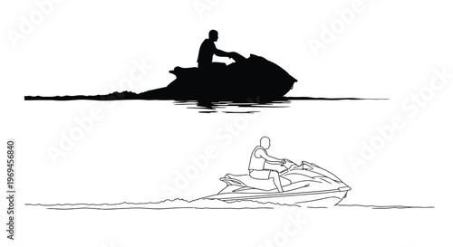 Silhouette of a jet ski rider speeding across calm waters