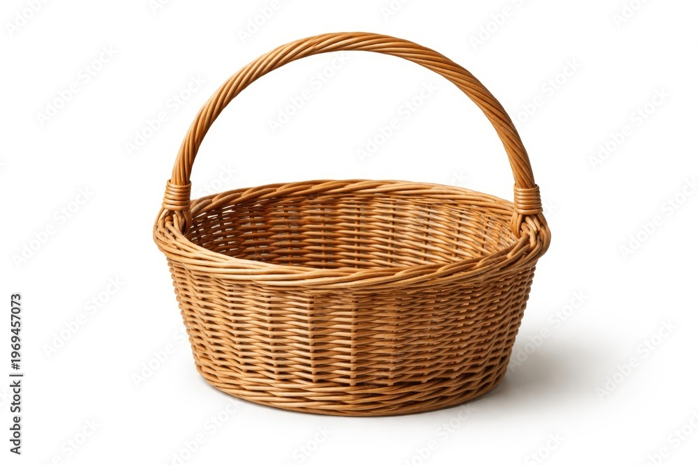 Obraz premium Empty wicker basket against a plain white backdrop with no items inside
