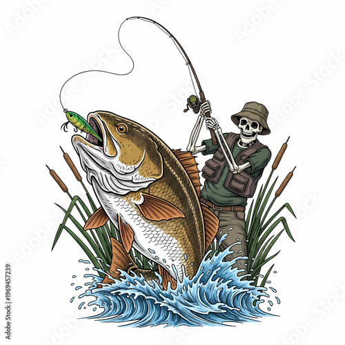 Skeleton fisherman catching a large redfish with a lure in marsh grass vintage vector illustration