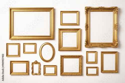 Sophisticated assortment of contemporary gold picture frames on a pristine white background for art exhibits and home decoration