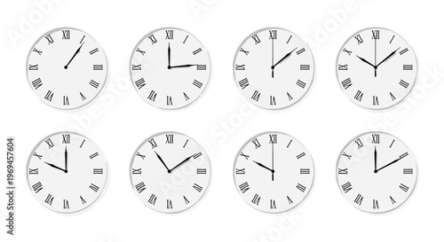Clock Collection with Roman Numerals and Different Times for Time, Schedule, and Vintage Design Graphics