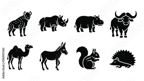 A collection of african wildlife and smaller animals depicted in a stark black silhouette high quality professional detailed modern elegant stylish