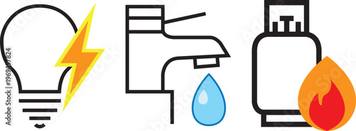 Blue Water drop with faucet, electricity lighbulb, gas tank with flame vector design for logo