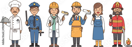 Cartoon professions characters set, chef, police officer, doctor, builder, painter, cleaner, firefighter, workers, uniform, jobs, people, illustration, diverse careers, vector, design, collection