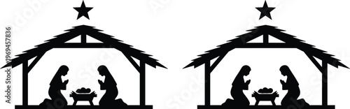 Black silhouette nativity scene with stable, star, Mary, Joseph, infant Jesus, Christian birth illustration design concept