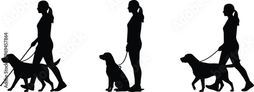 Black silhouette person walking dog with leash, standing pause, pet care outdoor activity illustration design concept