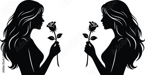 Black silhouette symmetrical women facing each other holding roses, artistic reflection balance duality illustration design concept