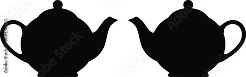 Black silhouette teapots with rounded body, curved handle, short spout, symmetrical design kitchenware illustration concept