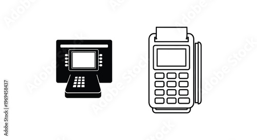 Black and white illustration of a pos terminal and portable card reader