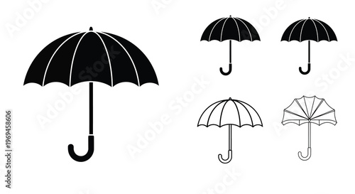 Black and white illustration of four different umbrellas