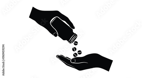 Hands exchanging pills a simple black and white illustration